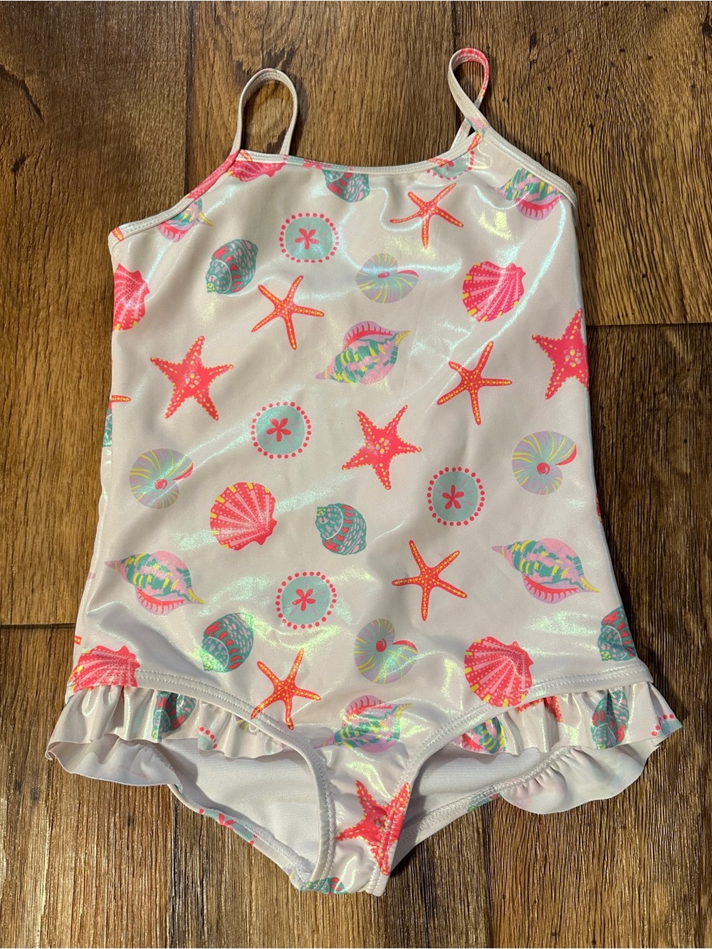 Bmagical by btween White iridescent One-Piece Swimsuit w/Seashell- girls size: 7